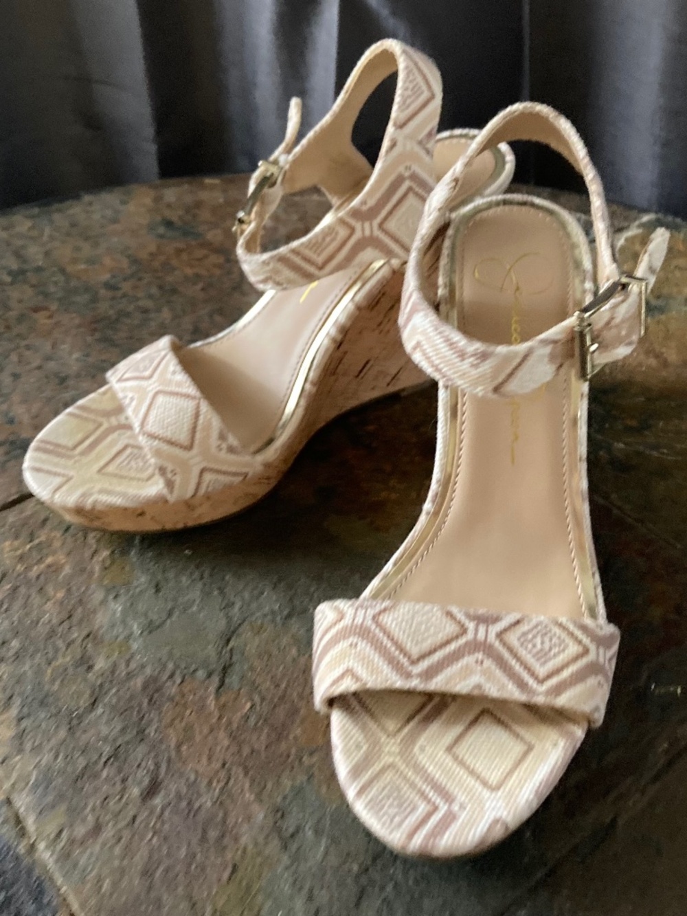 Jessica Simpson Geometric Pink Tan Wedge Sandals Cork Boho Summer Vibes Sz 6